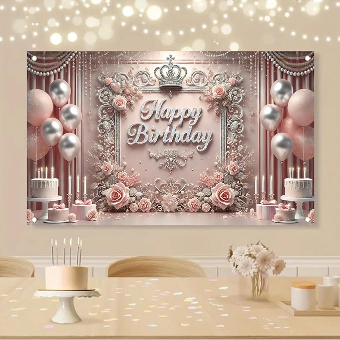Starlit Patio Elegant Pink Happy Birthday Banner Backdrop Princess Girls Party Decorations Photography Backgrounds Crown Roses Balloons Cake Table Photo Booth Props 71 x 43 inch