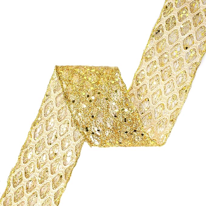 VATIN 2-1/2" Gold Christmas Ribbon, Gold Glitter Mesh Diamond Web Sequin Dots Wired Christmas Ribbon for Gift Wrapping Bow Making Wreath Supply-10 Yards