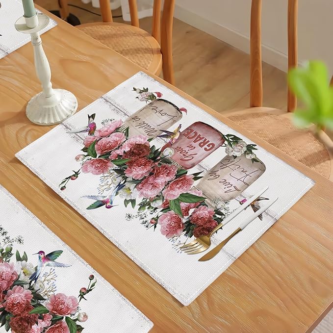 Rose Flower Placemats Set of 4 Farmhouse Peony Floral Table Mats Washable Place mats for Home Party Indoor Kitchen Dining Table Decoration 12x18 Inch