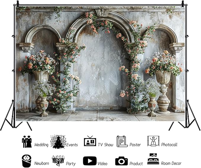 Baocicco 5x3ft Flower Castle Wall Photography Background Vintage Arch European Palace Victoria Wall Backdrop Women Themed Party Birthday Decorations Bridal Shower Ceremony Engagement Photoshoot