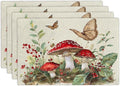 Mushroom Botanical Placemats Set of 4 Mushroom Plants Leaves Butterfly Place Mats Botanic Waterproof Washable Table Mats Kitchen Dining Decoration 4 PCS