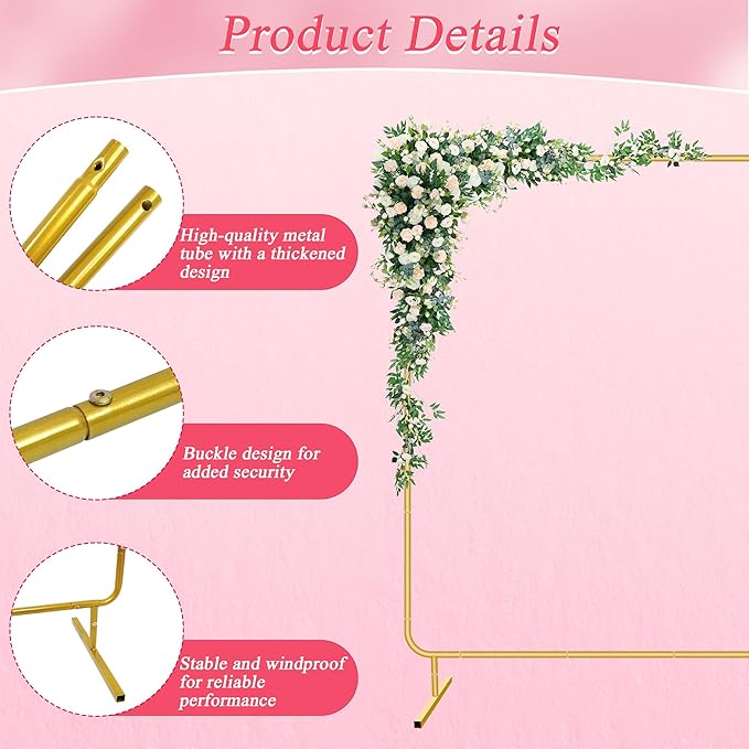 Metal Wedding Arch Backdrop Stand for Parties 6.6FT Gold Balloon Arch Square Frame Kit Pipe and Drape Stand Floral for Ceremony, Wedding, Baby Shower, Birthday Party, Flower Wall Decoration