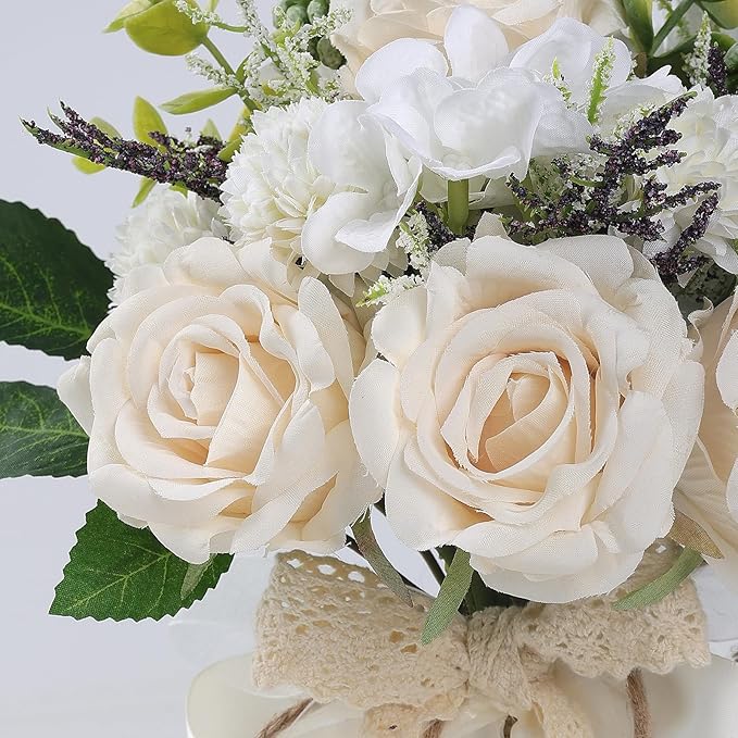 Wedding Bouquets for Bride Bridesmaid,White Champagne Artificial Roses Flowers for Wedding Church Decoration (7.5in)