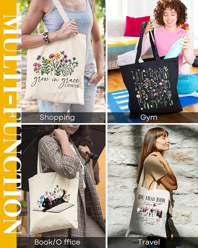 AUSVKAI Cute Canvas Tote Bag Aesthetic For Women Grocery Bag Cotton Beach Totes Gift For Grow in Grace