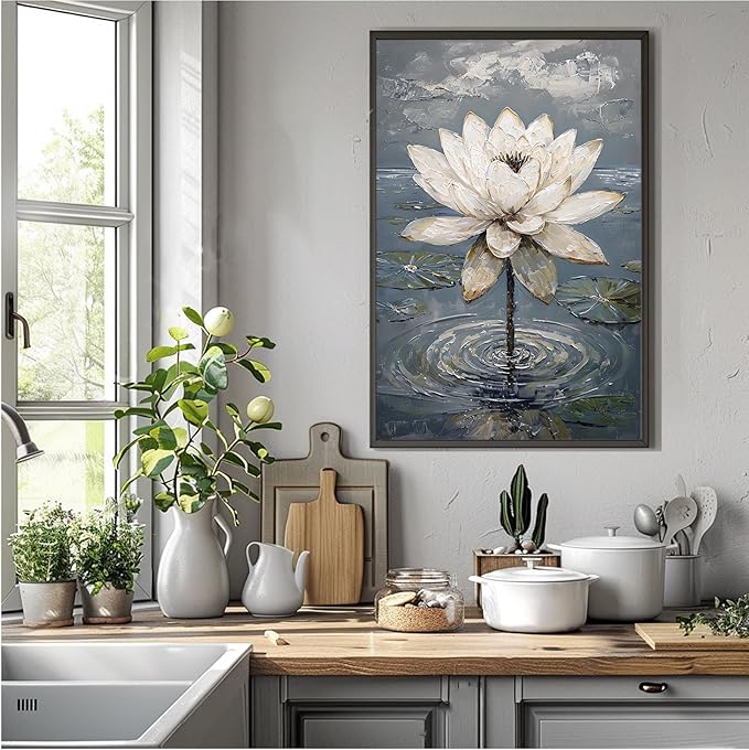 Stunning white lotus emerges from prismatic water with delicate petals background Serene aquatic wall art suitable for modern minimalist decor 24x36in Metal blackFramed