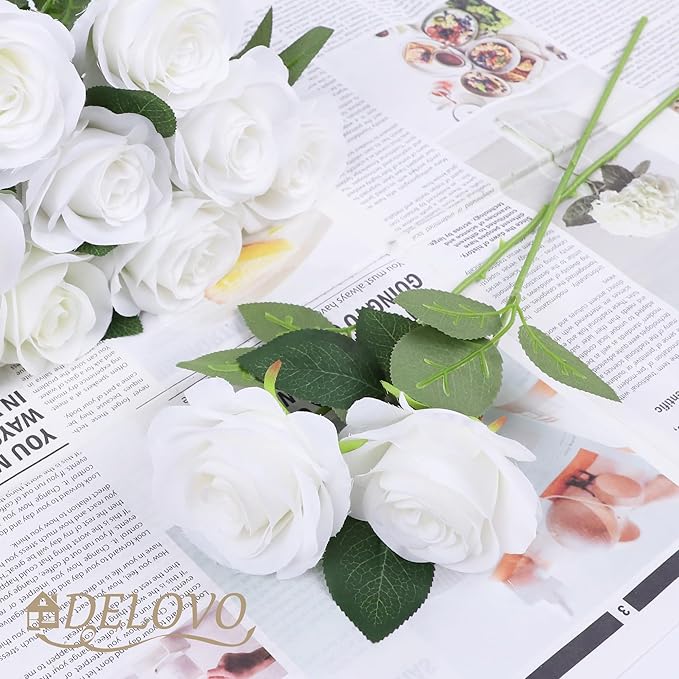 52pcs White Roses Artificial Flowers Ivory Fake Flowers Silk Roses with Stems for DIY Wedding Bouquets Bridal Shower Centerpieces Arrangements Party Decorations