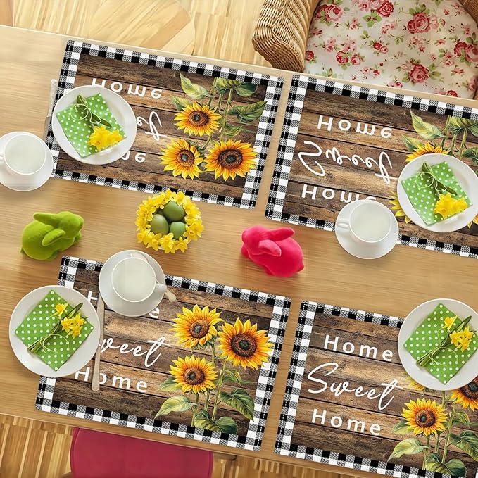 Farmhouse Sunflower Placemats Set of 4, Home Sweet Home Place Mats, Rustic Dining Table Mats, Washable Placemats for Kitchen Dining Room Home Decor 18L'' × 12W''