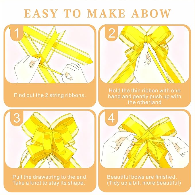 24PCS Yellow Pull Bows for Gift Wrapping, 6" Large Pre-Tied Decorative Bows for Christmas, Wedding, Birthday, Party Decors, Reusable Instant Floral Decors for Gifts, Bouquets, Baskets