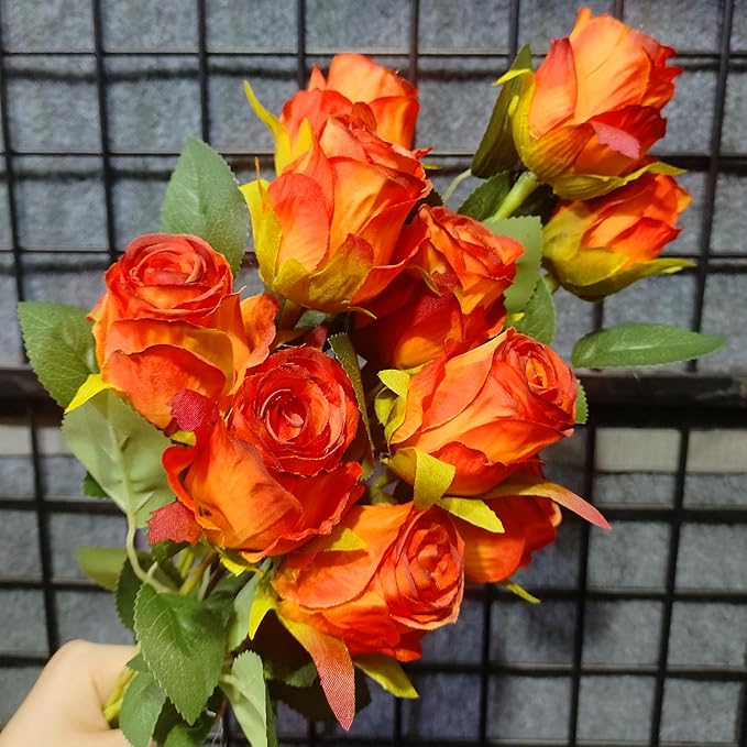 Artificial Roses 10 Pcs - Lifelike Single Stem Fake Roses with Natural Petal Texture,Fade-Resistant Silk Flowers for Wedding Decor,Home Vase Arrangements,Party Centerpieces(10, Red - Orange)