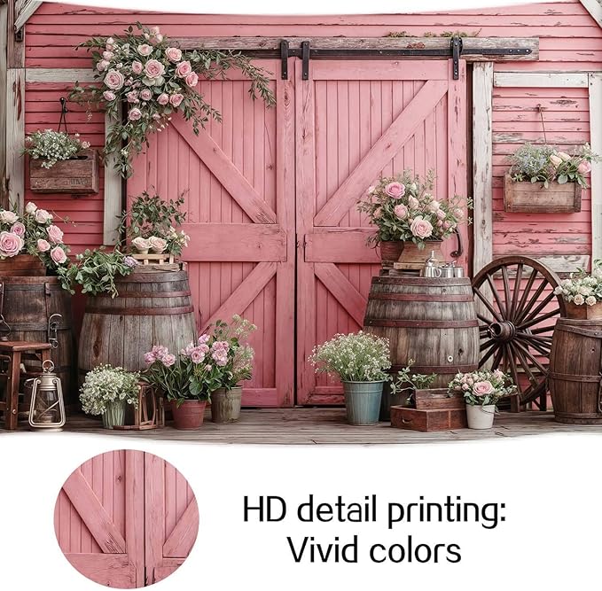 6x4ft Country Wedding Pink Photography Backdrop Rustic Wooden Barn Door Photography Backdrop Farmhouse Flower Western Girl Birthday Baby Shower Wedding Bridal Party Banner Photo Booth Props Background