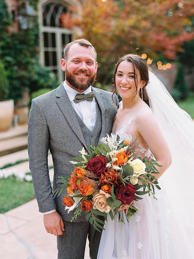 Rinlong 16 Inch Wedding Bouquets for Bride Fall Burgundy & Terracotta Roses, Dahlias, Peonies, Greenery Bouquet for Wedding, one, Boho