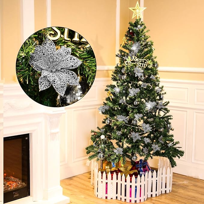 Boao Silver 24 Pieces Poinsettia Flower Christmas Glitter Artificial Poinsettia with Clips Christmas Tree Ornament Decorations for DIY Xmas Wreath Holiday Home Party Decor, 3/4/6 Inches