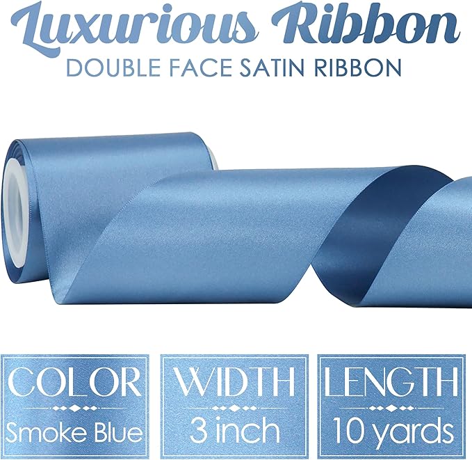 MEEDEE Smoke Blue Satin Ribbon Lux Double Faced Satin Ribbon 3 Inch Dusty Blue Ribbons by 10 Yards Smoke Blue Ribbons for Crafts, Christmas Tree, Flower Bouquet, Weddings, Bow Making