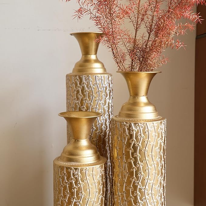 Floor Oversized Gold Metal Decorative Vase with 3D Triangle Pattern Set of 3 Large Vases for Home Living Room 33.5 ", 29.5 ", 25.2" High (Matte Gold)