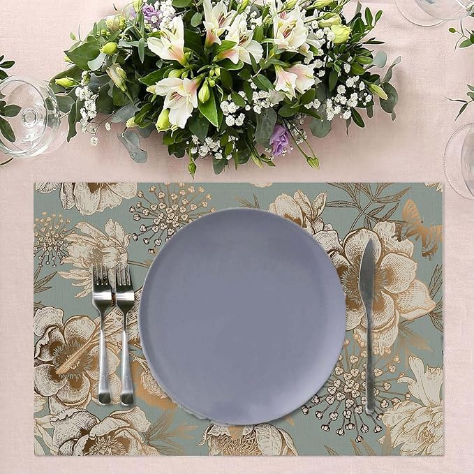 Placemats Set of 4 Retro Peony Bird and Butterfly Table Mats Linen Place Mats for Dining Kitchen Country Camp Farmhouse Decor 12x18 Inch
