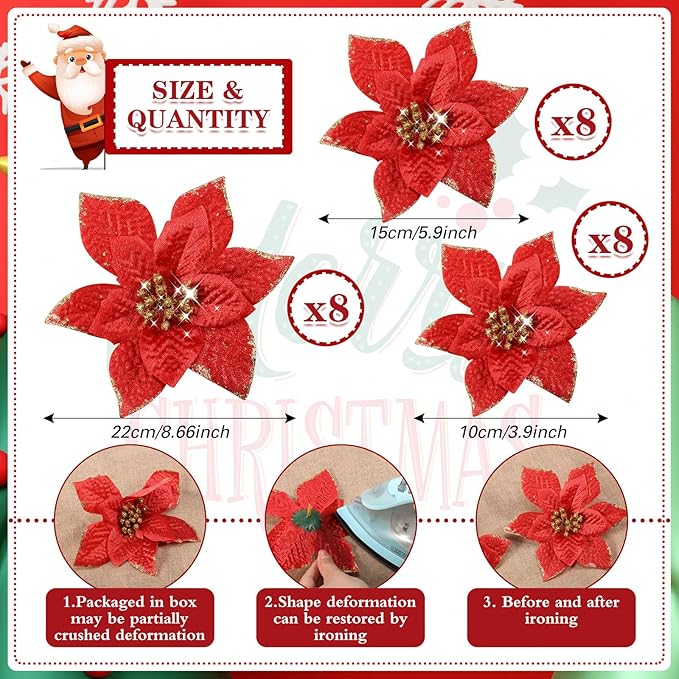 WILLBOND 24 Pcs 3 Size Poinsettia Flower Artificial Christmas Decor Glitter Poinsettia Christmas Ornaments Faux Flowers for Xmas Tree Outdoor(4/6/7.9 Inches,Red)