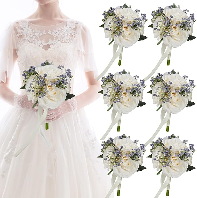 Meldel 6.5 Inch Ivory Bridesmaid Bouquet, Set of 6, Purple Wedding Bouquets for Bridesmaids, Small White Bridesmaids Bouquets
