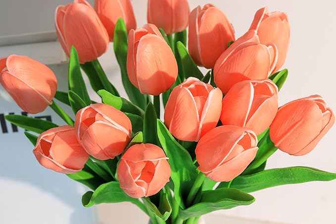 SITUMEIZI Fake Tulips Artificial Flowers Real Touch Champagne 14" 15 Pcs Silk Flower for Home Decor Spring Easter Wedding Bouquet Decorations Floral Arrangements