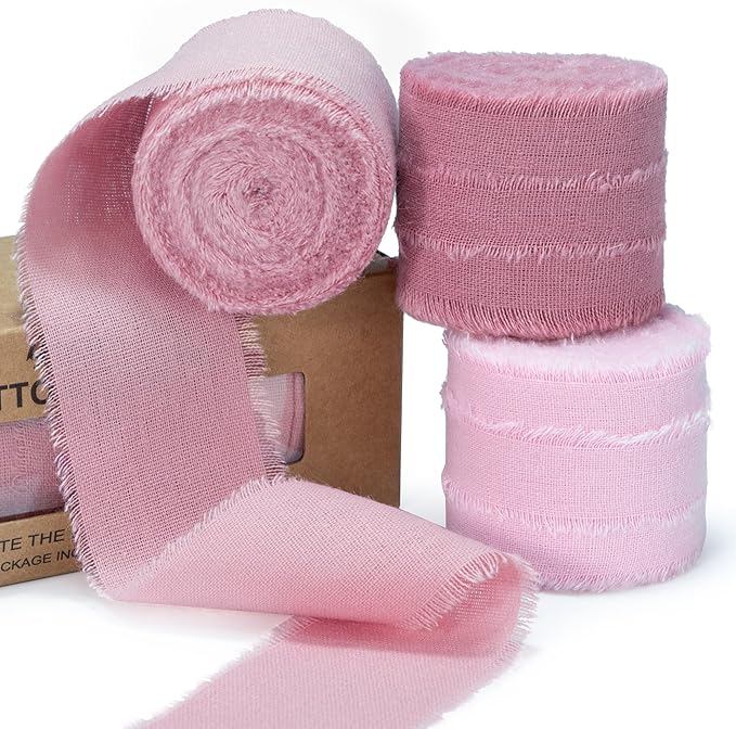 Dusty Rose Pink Ribbon 1-1/2 x 15 Yards Handmade Cotton Frayed Fringe Fabric Ribbons for Crafts Flower Bouquets Wedding Baby Shower Home DIY Decor