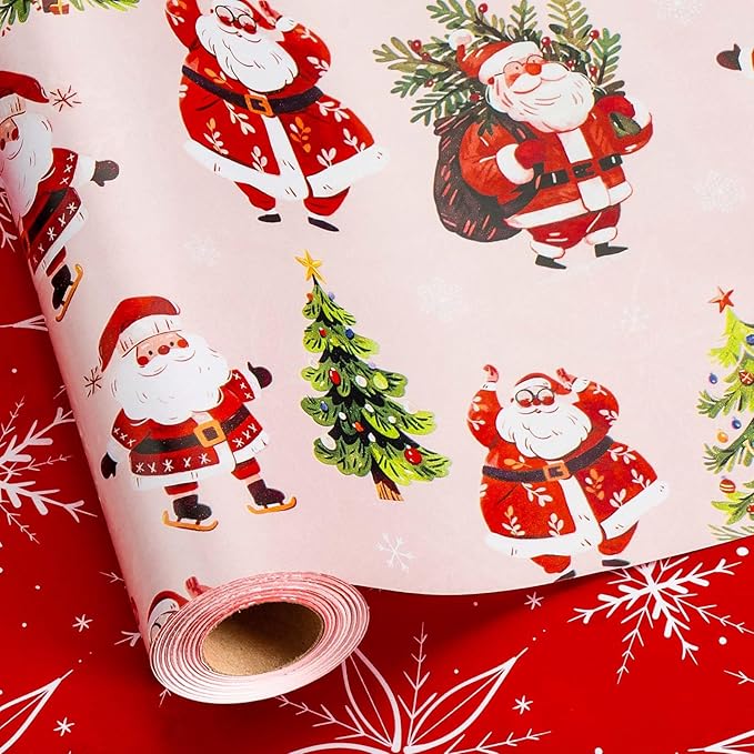 MAYPLUSS Christmas Wrapping Paper Roll - 17 Inch X 33 Feet - Cute Santa Claus Christmas Tree Reversible Strip Gift Wrapping Paper, Thick Wrap Paper for Holiday Party New Year Kids
