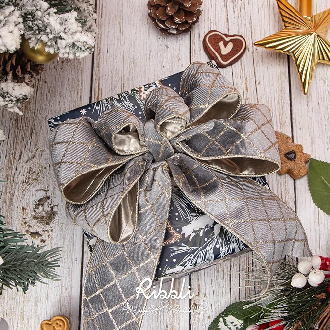 Ribbli Silver Velvet Ribbon Wired with Glitter Diamond Grid 2-1/2 Inch Christmas Ribbon for Christmas Tree Decoration Big Bow Gift Wrapping Crafts Wreaths Garland Supplies - 10 Yards