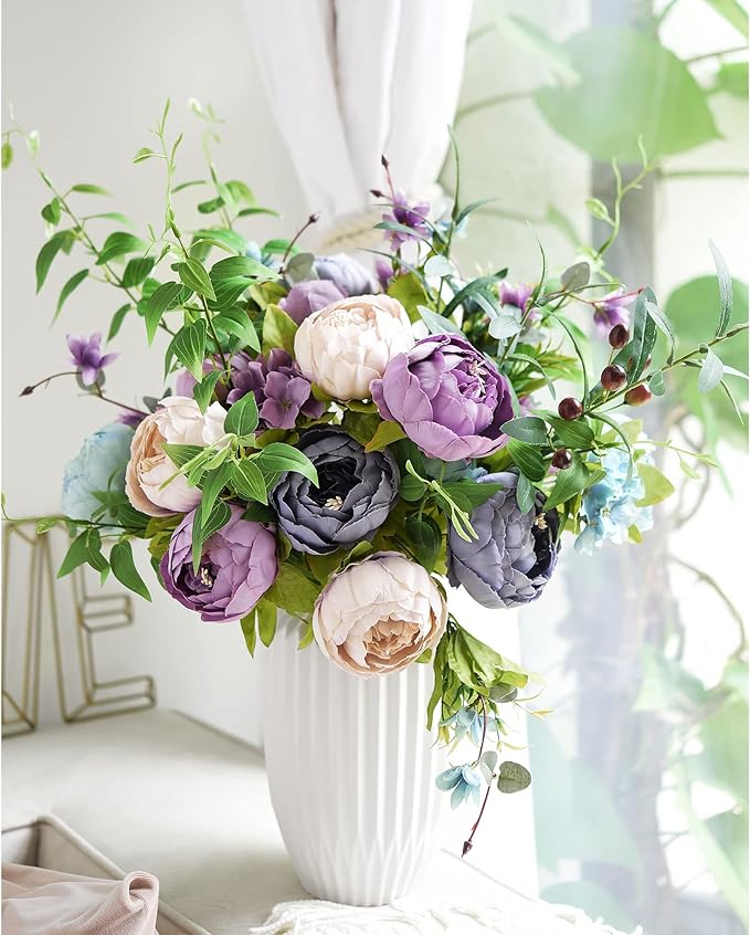 FiveSeasonStuff Vintage Artificial Peonies Silk Peony Flowers and Hydrangeas for Wedding Bridal Home Décor – Beautiful Floral Centerpiece Arrangement Decoration with 2 Bouquets (Mixed Mauve Purple)