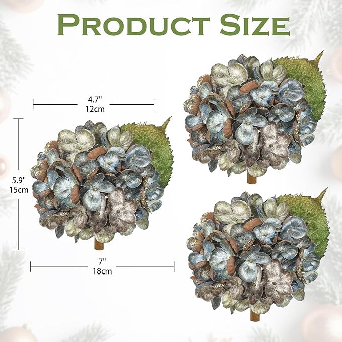 Hollyone Christmas Tree Ornaments 3Pcs Artificial Hydrangea Flowers with Clips Glitter Fake Hydrangea Flower for Christmas Tree Floral Vintage Faux Hydrangea for Wedding Party Xmas Blue