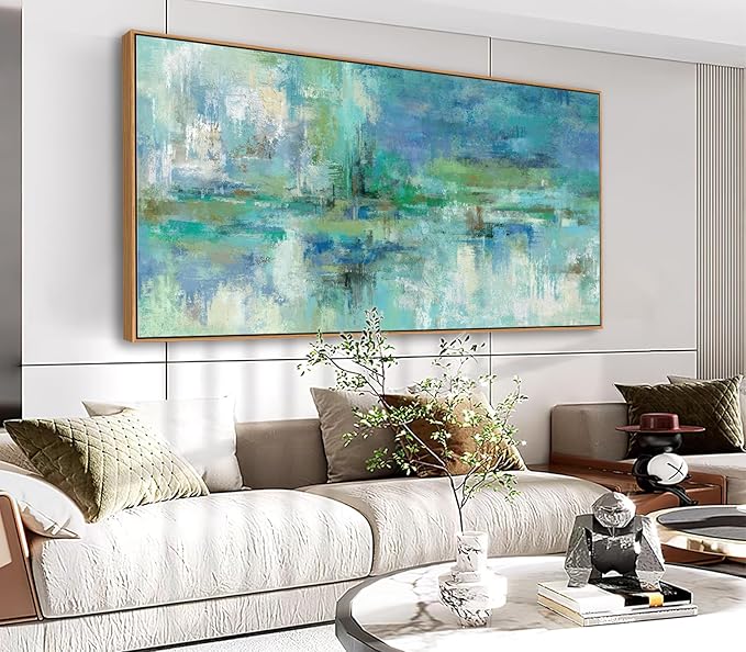 VEAEE Teal Framed Abstract Wall Art - Turquoise Green Colorful Modern Canvas Pictures, Living Room Wall Decor, Contemporary Landscape Painting Prints for Bedroom Bathroom Office Decor 20" x 40"