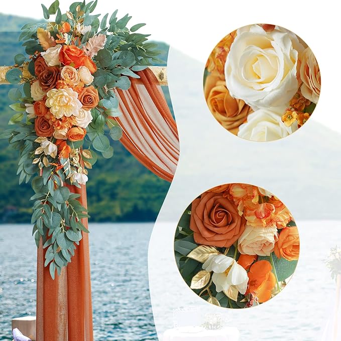ponatia Artificial Wedding Arch Flowers Kit(Pack of 3) with 26Ft Shiny Wedding Arch Draping Fabric, Arch Flowers for Wedding Ceremony and Reception Backdrop Wedding Decoration (Burnt Orange)