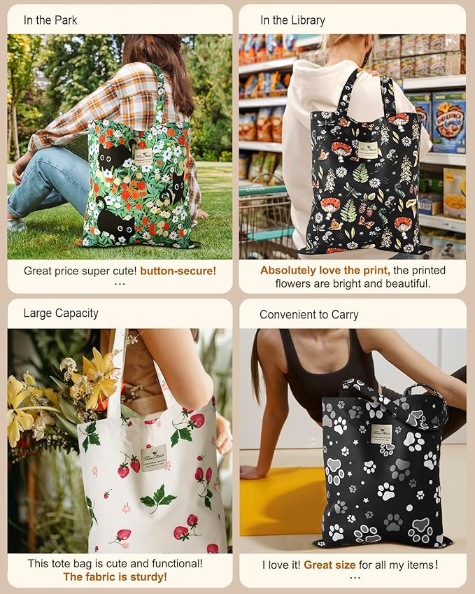 Aesthetic Cotton Tote Bag for Women - Reusable Shoulder Bag with Buckle Fabric Bag for Gym, Travel, Work