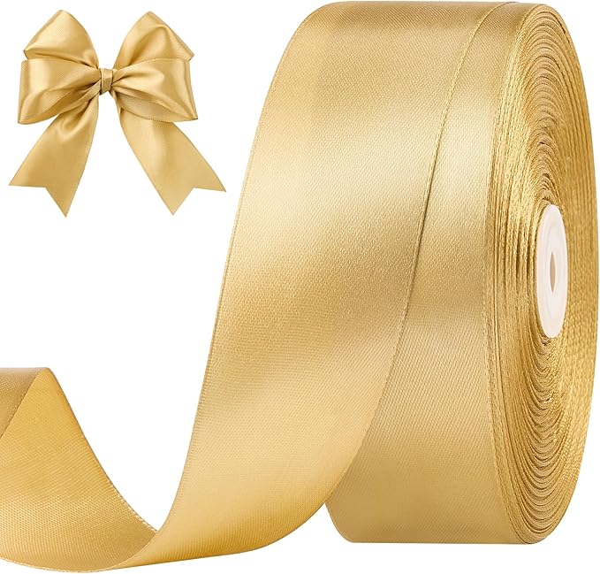 1-1/2 Inches 100 Yards Champaign Gold Satin Ribbon, Solid Fabric Ribbon Roll for Flower Bouquets, Gift Wrapping, Wedding, Handmade Crafts