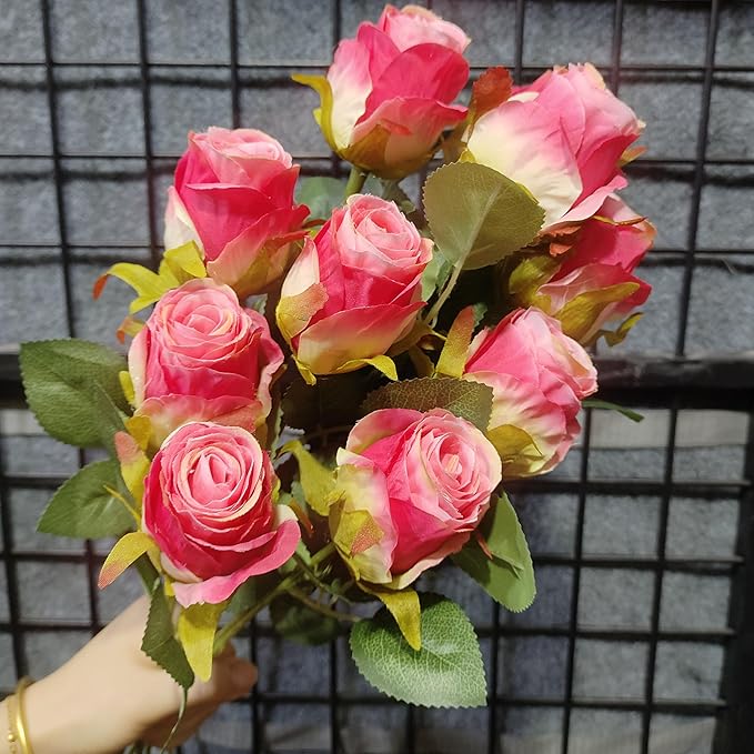 Artificial Roses 10 Pcs - Lifelike Single Stem Fake Roses with Natural Petal Texture,Fade-Resistant Silk Flowers for Wedding Decor,Home Vase Arrangements,Party Centerpieces(10, Deep Pink)