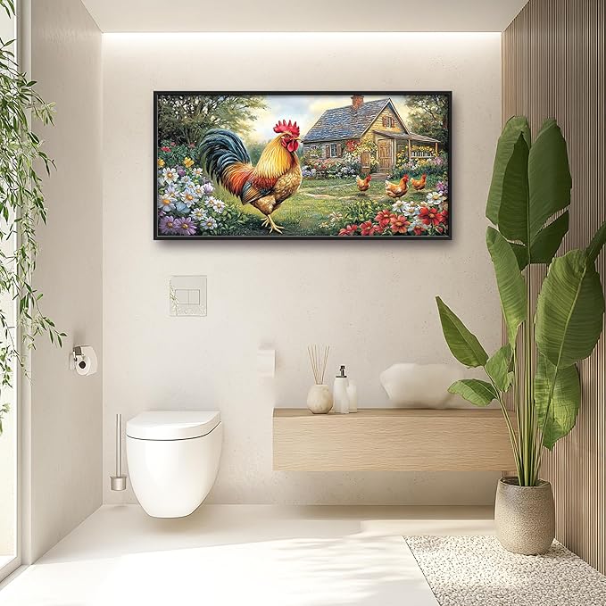 Farmhouse Chicken Large Decor Framed Wall Art Country Rooster Pictures for Living Room, Oversized Canvas Print Painting Modern Extra Large Framed Artwork for Bedroom Office Home Decor 60"x30"