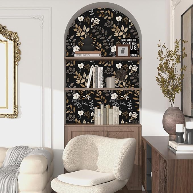 Black Floral Wallpaper Peel and Stick Vintage Leaf Contact Paper Waterproof Self Adhesive Removable Modern Boho Wall Paper for Bedroom Cabinets Kitchen Locker Drawer 17.5"X118"