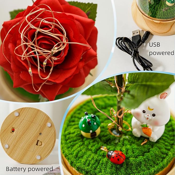 Levvohd Red Roses from Daughter for Mom Mothers Day, Beauty and The Beast Rose, with LED Light Up Plastic Rose in Dome, for Wife Grandma Christmas Day Valentine Day Birthday for Her Gift (Rabbit)
