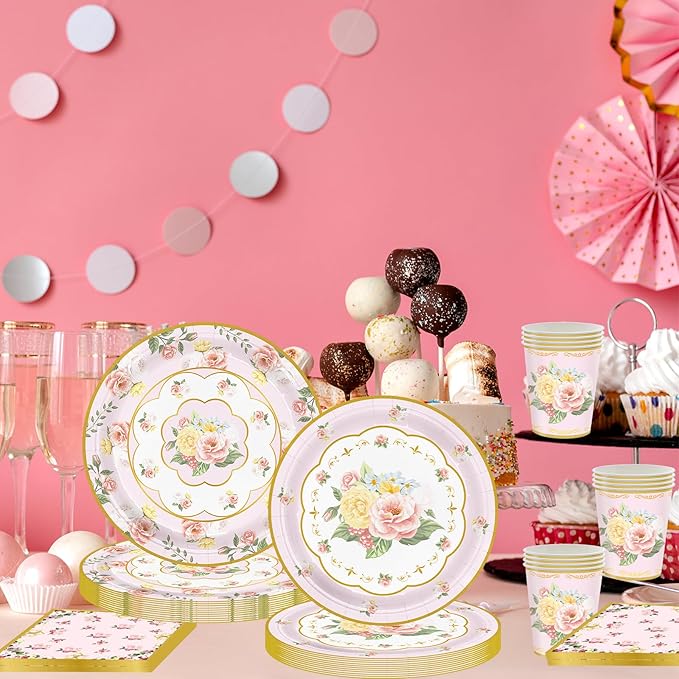 96 Pcs Tea Party Decorations, Floral Paper Plates Floral Cups & Napkins Set for Serves 24, Disposable Plates for Baby Shower, Bridal Shower, Wedding, Garden Party