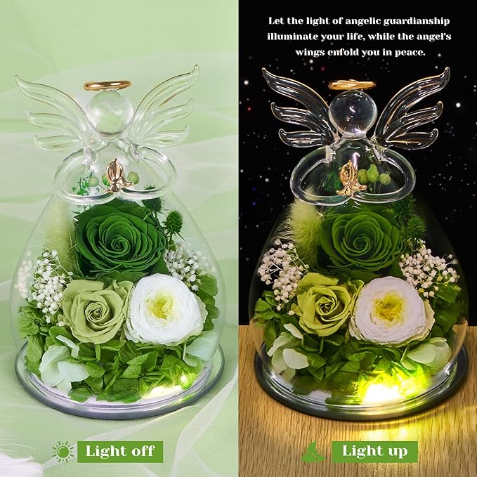 FIACO Gifts for Women Birthday Preserved Rose Forever Flower in Glass Angel Figurines Fresh Flowers for Delivery Prime for Mom Real Green Roses for Grandma Sister Wife Her from Daughter