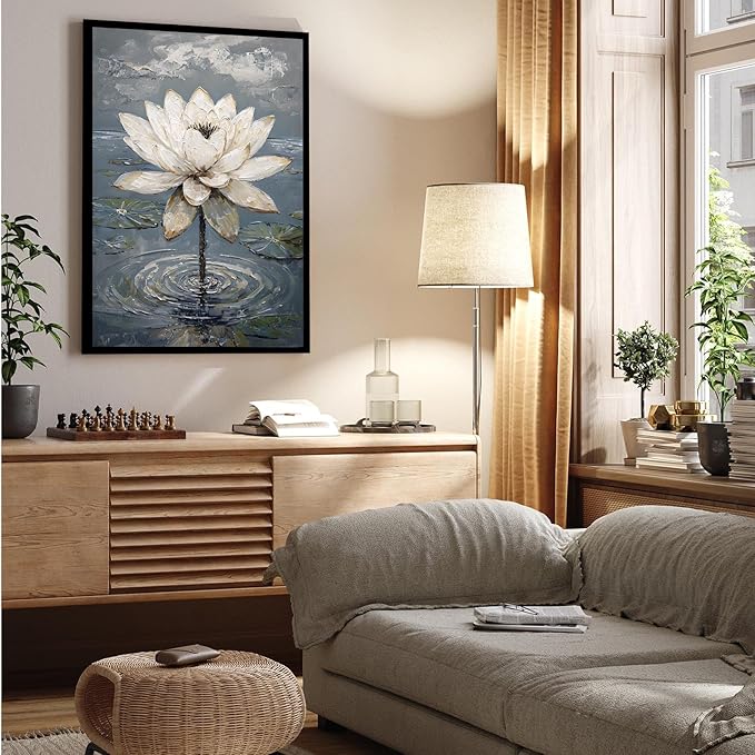 Stunning white lotus emerges from prismatic water with delicate petals background Serene aquatic wall art suitable for modern minimalist decor 16x24in Metal blackFramed