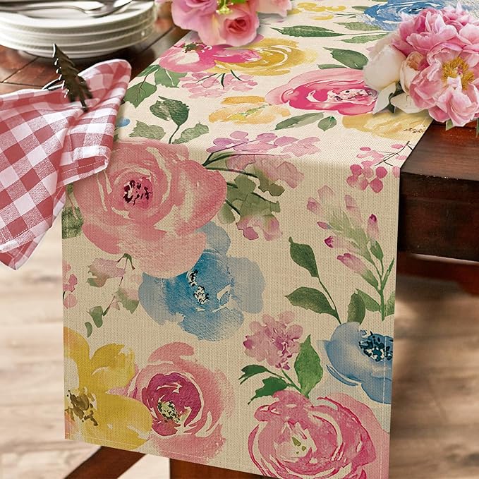 Seliem Spring Summer Watercolor Flower Table Runner, Peony Floral Kitchen Dining Table Decor, Seasonal Burlap Home Decoration Indoor Outdoor Party Supply 13 x 90 Inches