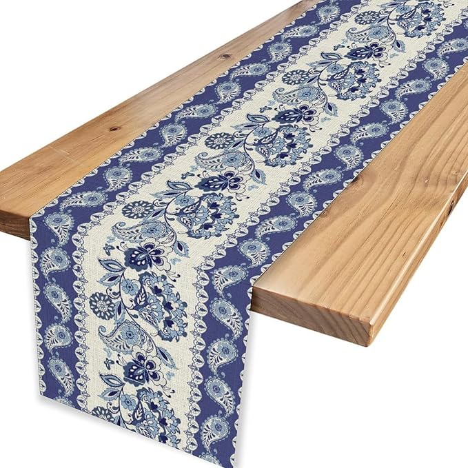 Blue Paisley Table Runner, Rustic Blue Bohemian Damask Exotic Flower Cafe Table Center Decor for Home Kitchen Dining Patio Holiday Party Indoor Outdoor Table Decorations 13x72 inch