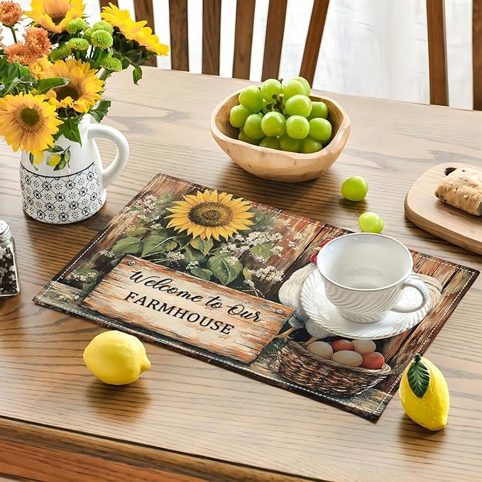 Farmhouse Rooster Placemats Set of 6, Rustic Chicken Place Mats, Country Sunflower Dining Table Mats, Washable Placemats for Kitchen Dining Room Home Decor 18L'' × 12W''
