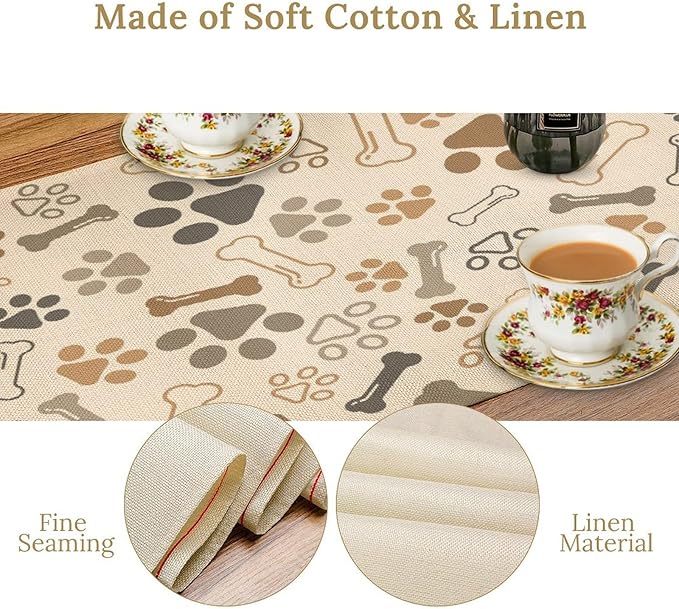 Dog Paw Table Runner,Kids Teens Cute Pet Animal Footprint Theme Pattern Print Tablecloth Burlap for Hotel Indoors Outdoor Dining Room Kitchen Home Decor,W13X L36 in