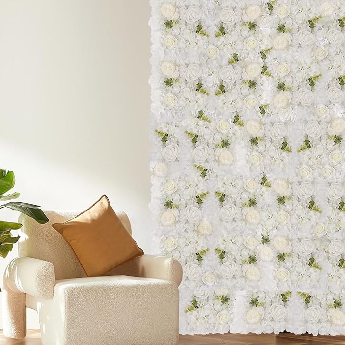 3D Flower Wall Backdrop - 12Pcs Artificial Flower Wall Panel 15 * 15inch Decoration White Roses Wall for Home Party Wedding Anniversary Birthday