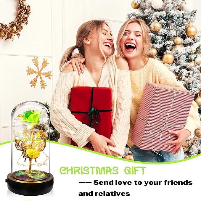 Birthday Rose Flower Gifts for Women, Glass Flower Gift for Mom from Daughter Son, Colorful Green Light Up Rose in Glass Dome with Music Box for Her Wife Grandma