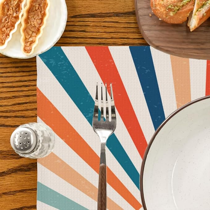 Placemats Set of 4 Retro Colourful Sunrise Place Mats Washable Table Dinner Mats Linen Table Mats for Kitchen Dining Party Home Kitchen Decor 12x18 Inch