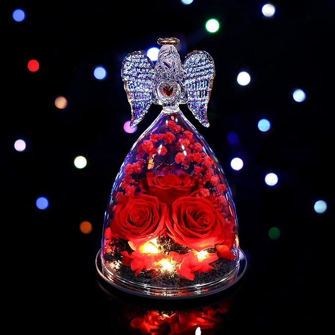 Mothers Day Rose Gifts for Women, Large Angel Figurines with Real Roses, Preserved Real Flower Rose for Her - Red