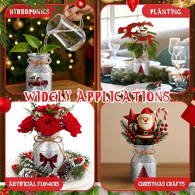 Domensi 6 Pcs Christmas Flower Vases for Table Centerpieces Bulk 5.12 Inch Metal Galvanized Farmhouse Flower Buckets with Bow Rustic Xmas Milk Can Jug for Kitchen Dining Room Table Decor (Iron)