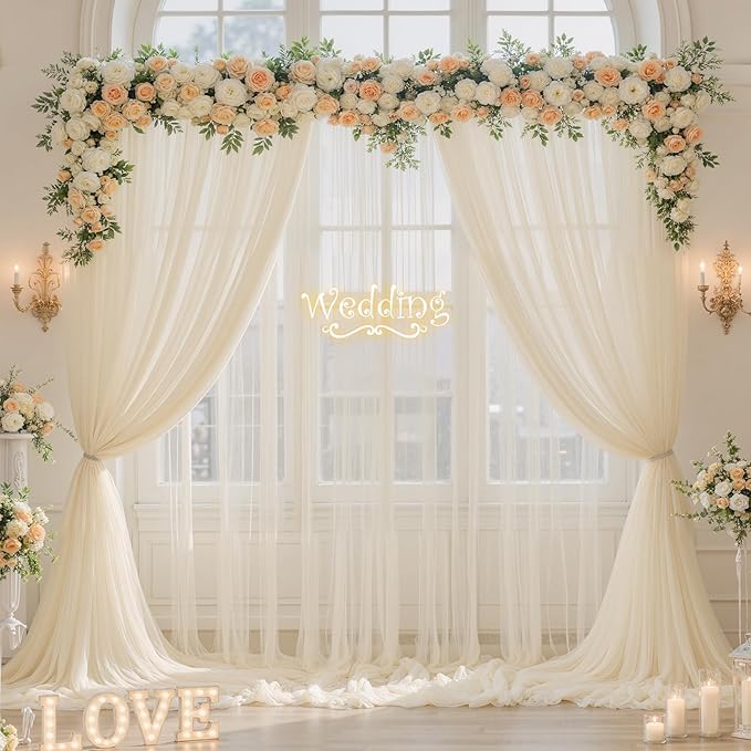 Champagne Tulle Backdrop Curtain for Parties Wedding 10ft×8ft Champagne Sheer Backdrop Curtains for Baby Shower Bridal Shower Reception Birthday Party Photoshoot Decorations 2 Panels 5ft × 8ft