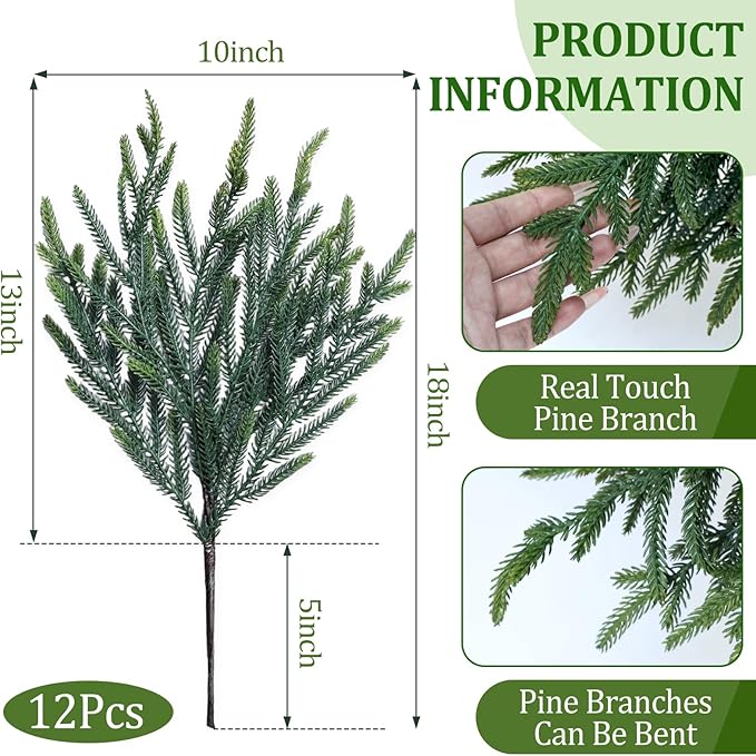 12 Pcs Pine Branches - Real Touch Artificial Pine Stems - Christmas Greenery Picks for DIY Wreaths Garlands Vase Arrangements, Indoor Outdoor Christmas Decor