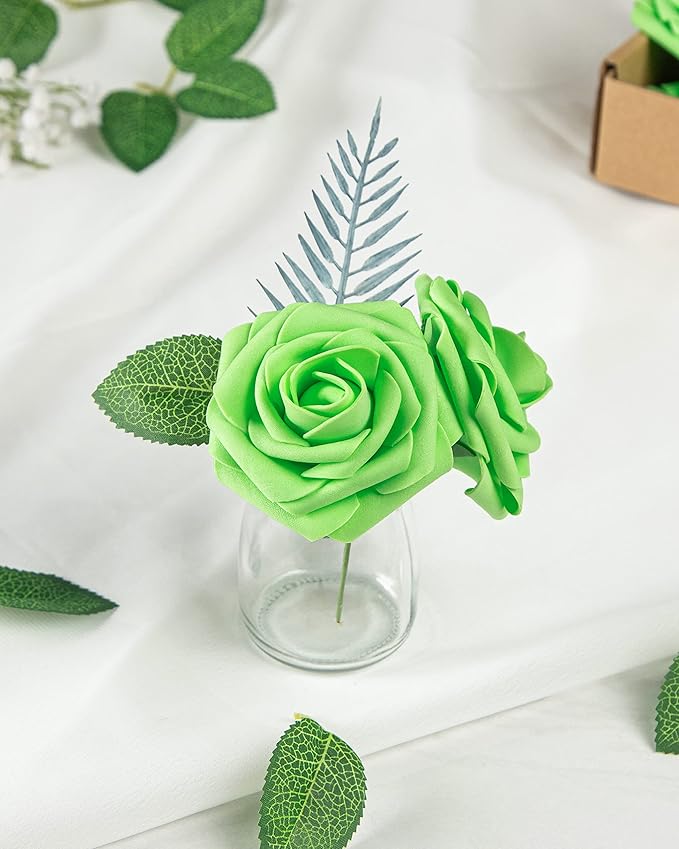 DuHouse 25Pcs Artificial Roses Flowers Fake Roses with Stems Real Touch Foam Flowers for DIY Wedding Bouquet Baby Shower Centerpiece Floral Arrangement Party Home Decor(Light Green)